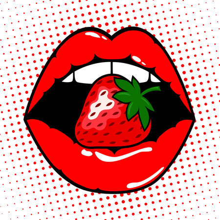 Woman red lips with strawberry.