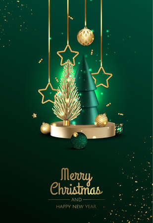 3d circle podium display with christmas tree. winter holiday background.