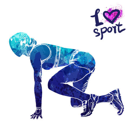 女性のランナーを開始する準備ができての明るい水彩画シルエット ベクトル スポーツ イラスト 選手のグラフィックの図 アクティブな人 レクリエーションのライフ スタイル 女性 スポーツが大好きです のイラスト素材 ベクタ Image