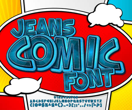 Blue denim font on comic book page. alphabet in style of comics, pop art. cartoon jeans multilayer letters and figures for decoration of kids illustrations, game design, comics, banners Фото со стока