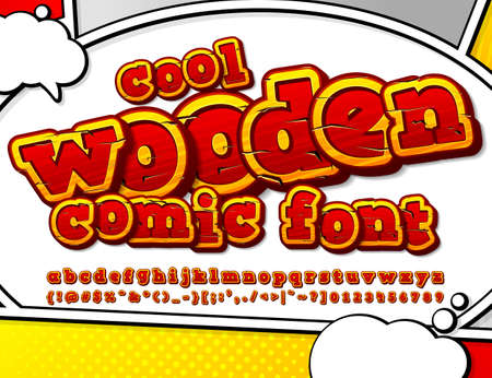 Colorful wooden font on comic book page. alphabet in style of comics, pop art. cartoon multilayer letters and figures for decoration of kids illustrations, game design, comics, banners