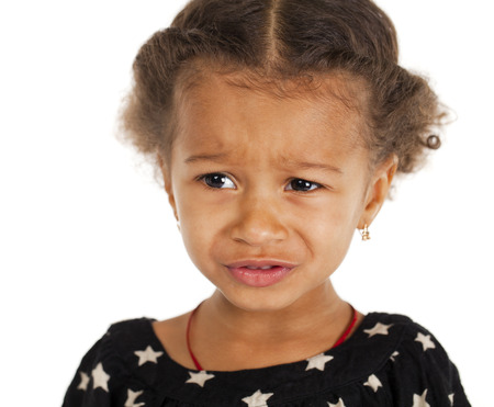 sad lonely: Portrait of beautiful happy little girl, isolated on white