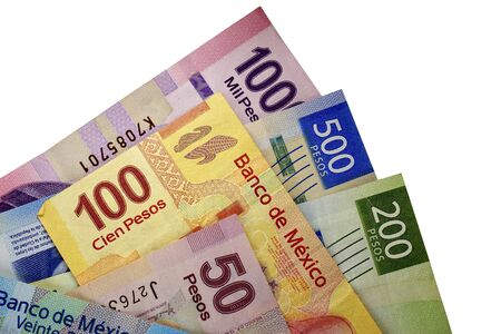 A group of 20 50 100 200 500 and 1000 mexican peso bills isolated on white background