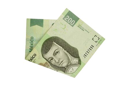 A single middle folded 200 mexican peso bill isolated and on white background