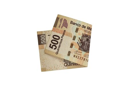 A single middle folded 500 mexican peso bill isolated and on white background