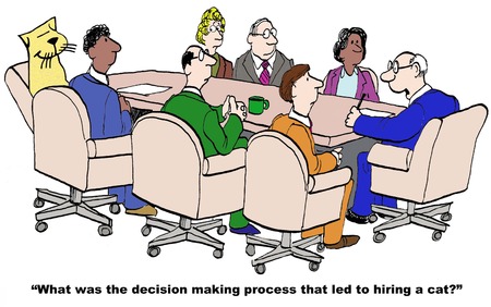 Cartoon of businessman boss, he is trying to understand the decision making process that led to hiring a cat.