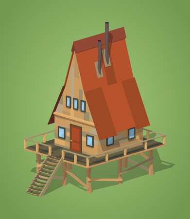 緑の背景に合掌造りの木造住宅 3 D Lowpoly 等尺性ベクトル図 のイラスト素材 ベクタ Image