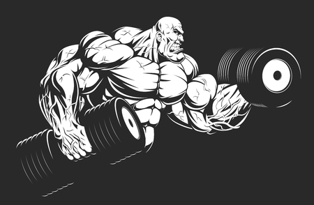 Vector illustration, bodybuilder strongmen doing exercise with dumbbells for biceps