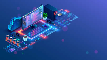 Oprogramowanie, tworzenie stron internetowych, koncepcja programowania. kod programu api w środowisku programistycznym na komputerze ekranowym. biurko lub miejsce pracy programisty. warsztaty kodowania online. tekst programu na ekranie komputera.