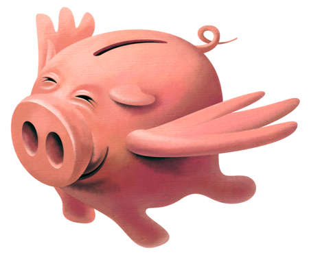 Happy pink pig with wings flying in the sky and smiling from happiness and satisfaction Stock Photo