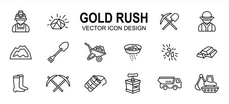 Simple set of gold rush mining related vector icon user interface graphic design. contains such icons as gold nugget, spade, worker, job, mountain, wheelbarrow, pan, panning, dynamite, truck, boots