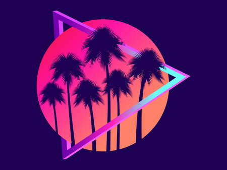 80s retro sci-fi palm trees on a sunset. retro futuristic sun with palm trees. synthwave and retrowave style. design for advertising brochures, banners, posters, travel agencies. vector illustration Imagens