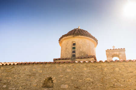 Detail of architecture stone church in vathia old town, mani peloponnese greece. architectural theme.