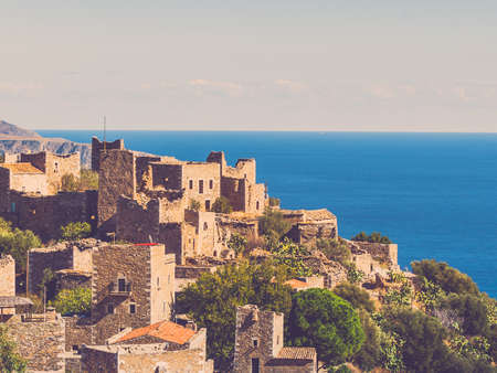Greece vatheia village. architectural and historical old traditional abandoned tower houses in vathia on mani peninsula. laconia peloponnese europe.