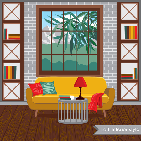 ロフト スタイルのインテリアのリビング ルーム ベクトル イラストの影でフラットなデザイン 家の家具とアクセサリー 漫画の背景 モダンで快適なインテリア のイラスト素材 ベクタ Image