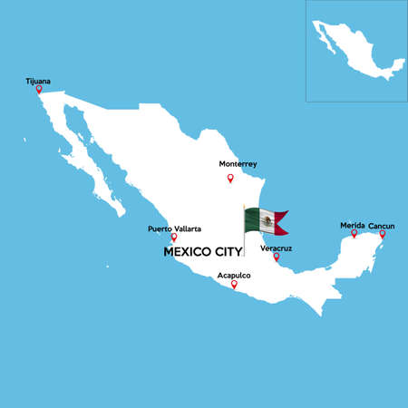 a detailed map of mexico with indexes of major cities of the country stock vector