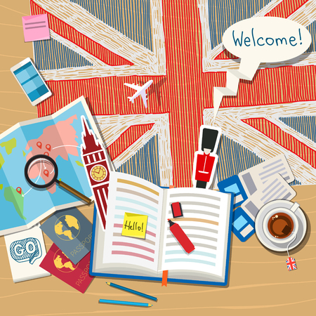 Concept of travel or studying English. Open book with English symbols. Flat design, vector illustration Illustration