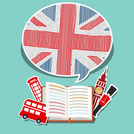 Concept of travel or studying English. Open book with English symbols. Flat design, vector illustration Illustration