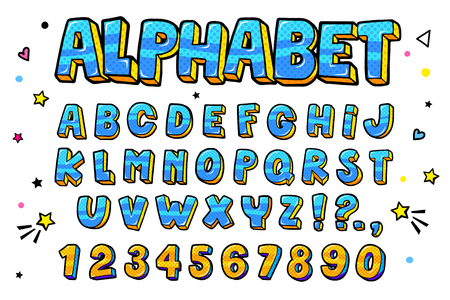 Comic retro letters set. alphabet letters and numbers in style of comics, pop art for title, headline, poster, comics, or banner design. vector illustration.