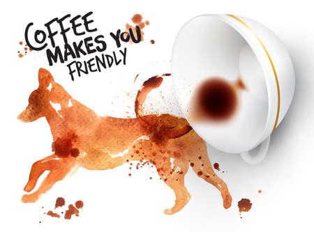 ポスター描かれたコーヒー出版社の犬と逆のカップにこぼれたコーヒー コーヒーをレタリング フレンドリーになります のイラスト素材 ベクタ Image