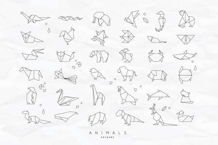 Set of animals white in flat style origami snake, elephant, bird, seahorse, frog, fox, mouse, butterfly, pelican, wolf, bear, rabbit, crab, monkey, pig, turtle, kangaroo on crumpled paper background Vector Illustration
