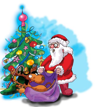 deer santa claus and christmas tree illustration made in photoshop christmas tree and santa