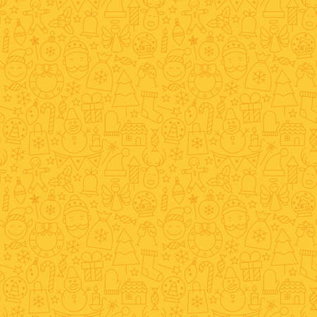 ライン アート新年あけましておめでとうございますシームレスなイエロー パターン ベクトル近代的なライン スタイルでデザインの背景を冬の祭典 細い輪郭アート メリークリスマスのイラスト素材 ベクタ Image