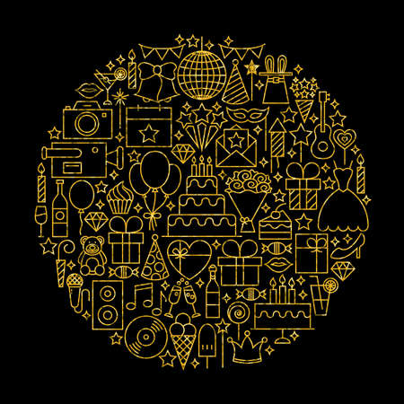 ゴールドと黒の誕生日ライン アイコン お祝いオブジェクトのベクター イラストです パーティー黄金アイテム のイラスト素材 ベクタ Image