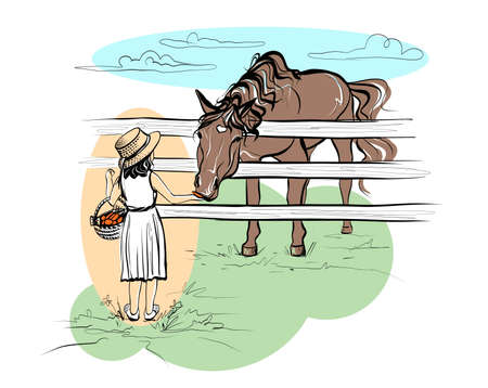 A little girl feeds a horse carrots. illustration of a sketch in a realistic style. vector. Stock Photo