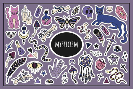 Big mysticism set vector isolated stickers. mystical items, witchcraft, spiritism, divination. hand drawn colored doodle. halloween.