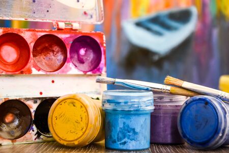 A Set Of Paints For Body Painting Workplace Paints Brushes Stock Photo Picture And Royalty Free Image Image 147884637