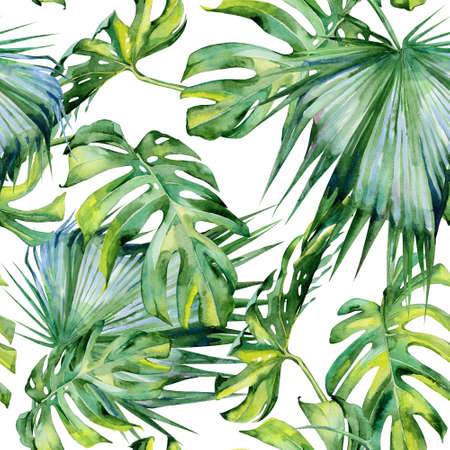 Seamless Watercolor Illustration Of Tropical Leaves, Dense Jungle. Hand  Painted. Banner With Tropic Summertime Motif May Be Used As Background  Texture, Wrapping Paper, Textile Or Wallpaper Design. Фотография, картинки,  изображения и сток-фотография