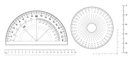 Gereedschapsset voor het meten van hoeken. ronde 360 graden schaal, 180 graden maat, metrische linialen ingesteld. apparatuur gradenboog om hoek te meten, grafiek opstellen. Vector Illustratie