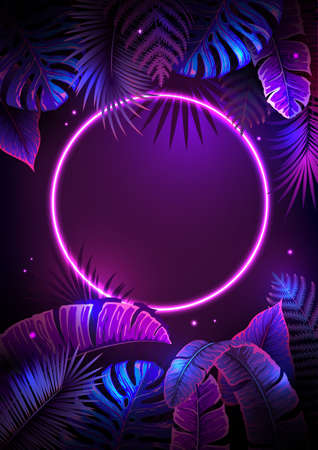 Summer background with neon frame and fluorescent tropical leaves. nature concept. vector illustration