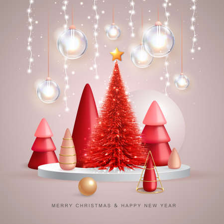 Christmas holiday background with realistic 3d plastic christmas trees. merry christmas and happy new year greeting card. vector illustration Векторная Иллюстрация