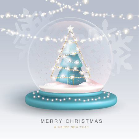 Christmas snow globe with 3d plastic christmas tree. merry christmas and happy new year holiday greeting card. vector illustration Векторная Иллюстрация