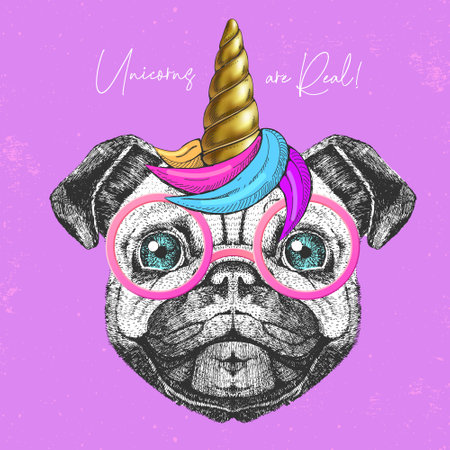 Handdrawing animal dog wearing cute glasses with unicorn horn. t-shirt graphic print. vector illustration
