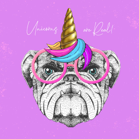 Handrawing animal bulldog wearing cute glasses with unicorn horn. t-shirt graphic print. vector illustration