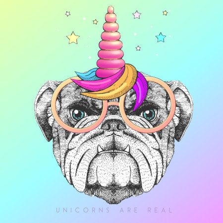 Handrawing animal bulldog wearing cute glasses with unicorn horn. t-shirt graphic print. vector illustration