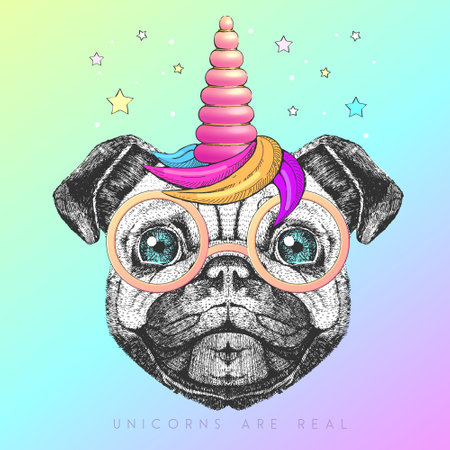 Handdrawing animal dog wearing cute glasses with unicorn horn. t-shirt graphic print. vector illustration