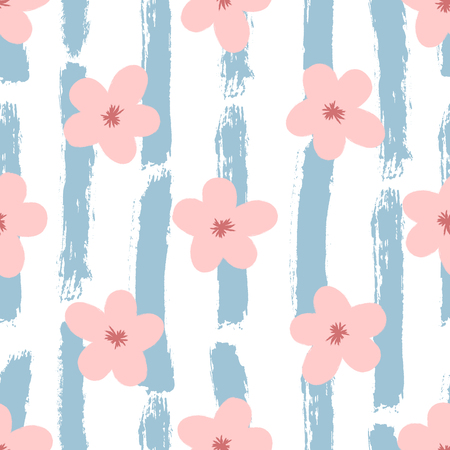 ストライプの背景にかわいい花の輪郭。ブラシで手描きの花シームレスな