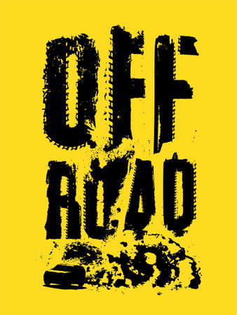 off road hand drawn grunge lettering with a car image in a cloud