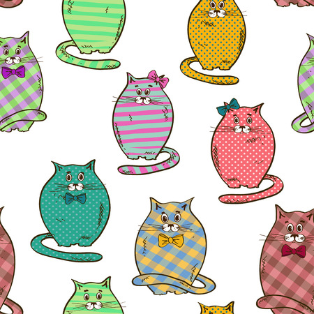 Seamless pattern of funny fat colorful patterned cats Vector Illustration