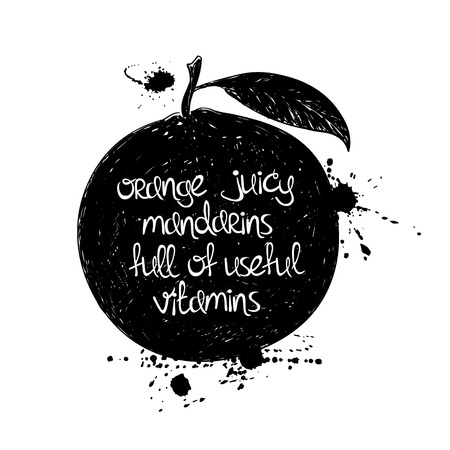 白い背景に分離黒マンゴスチン フルーツ シルエットの手描きイラスト 創造的なスローガンとタイポグラフィ ポスター のイラスト素材 ベクタ Image