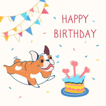 Stylish greeting card with a cute bulldog. lettering happy birthday. garlands, holiday cake with candles in the form of bone. your dog has a birthday. funny cartoon vector with a plump dog