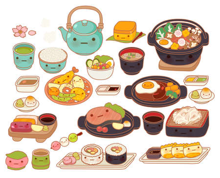 可愛い赤ちゃん和食落書きアイコンかわいい天ぷら 愛らしい刺身 甘いハンバーグ ステーキ マキのコレクションは 子どものような漫画で乙女チックなすき焼き漫画に分離白 のイラスト素材 ベクタ Image