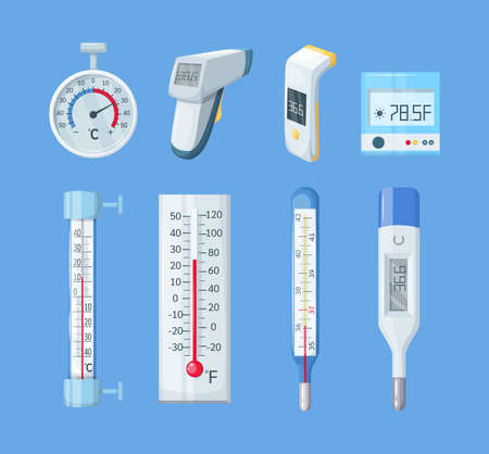 Medische binnenlandse meteorologiethermometer. kwik- en elektronische thermometer voor temperatuurmeting. temperatuurschaal voor meting. gezondheidszorg en medische apparatuur, apparaat platte vector.