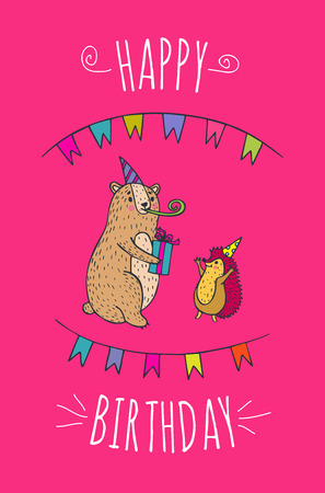 お誕生日おめでとうカード ベクトルには クマとハリネズミの文字とポスターが示されています のイラスト素材 ベクタ Image 64185387