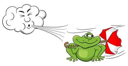 vector illustration of a cartoon cloud blowing wind on a frog with umbrella