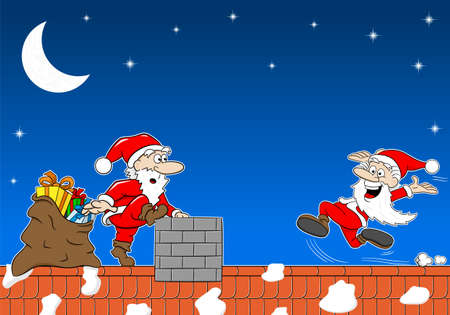 Vector illustration of santa claus at work on a roof who meets another santa claus
